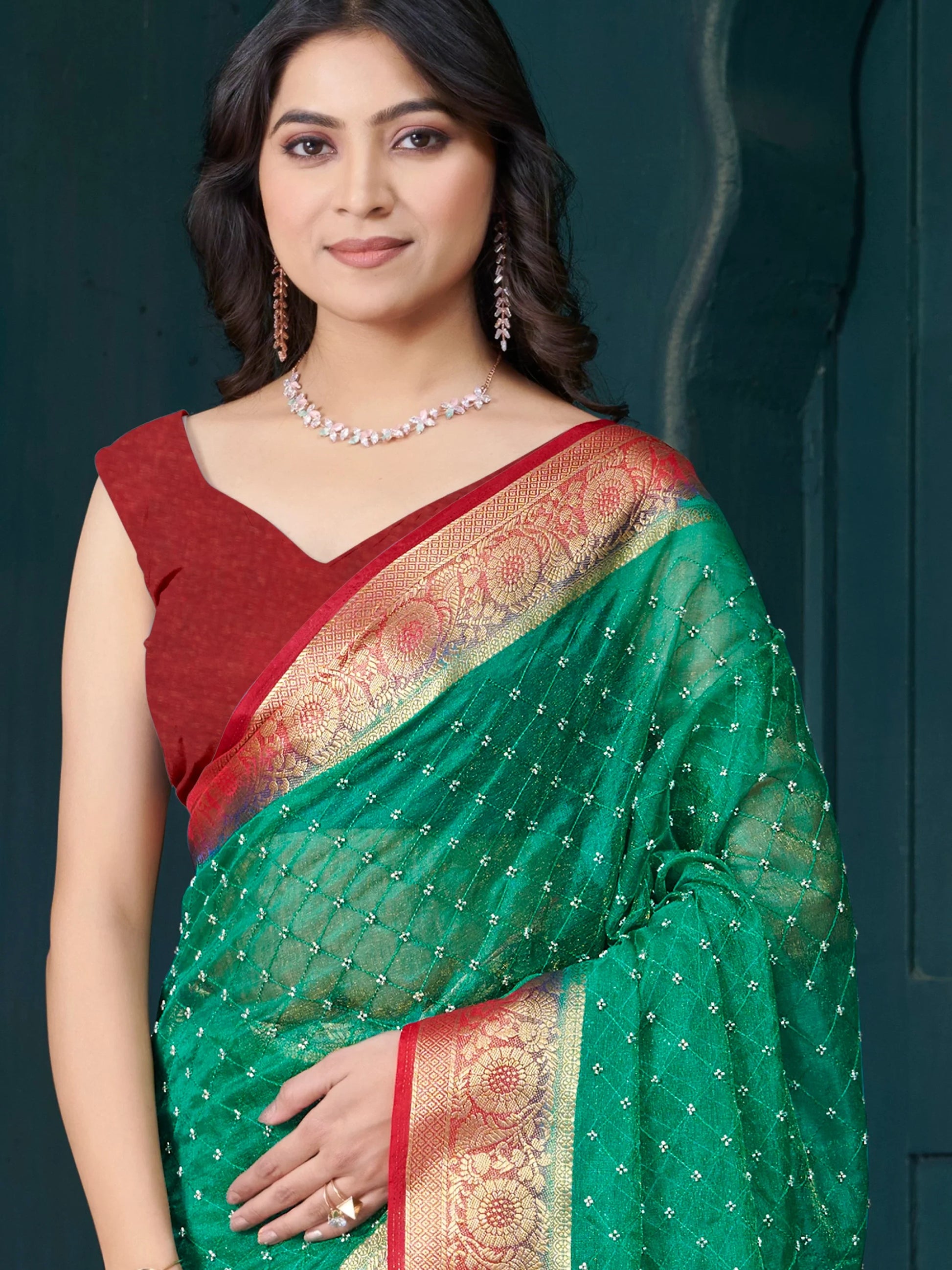 Attractive Green Bead Work Jacquard Event Wear Saree With Blouse - Zeel Clothing