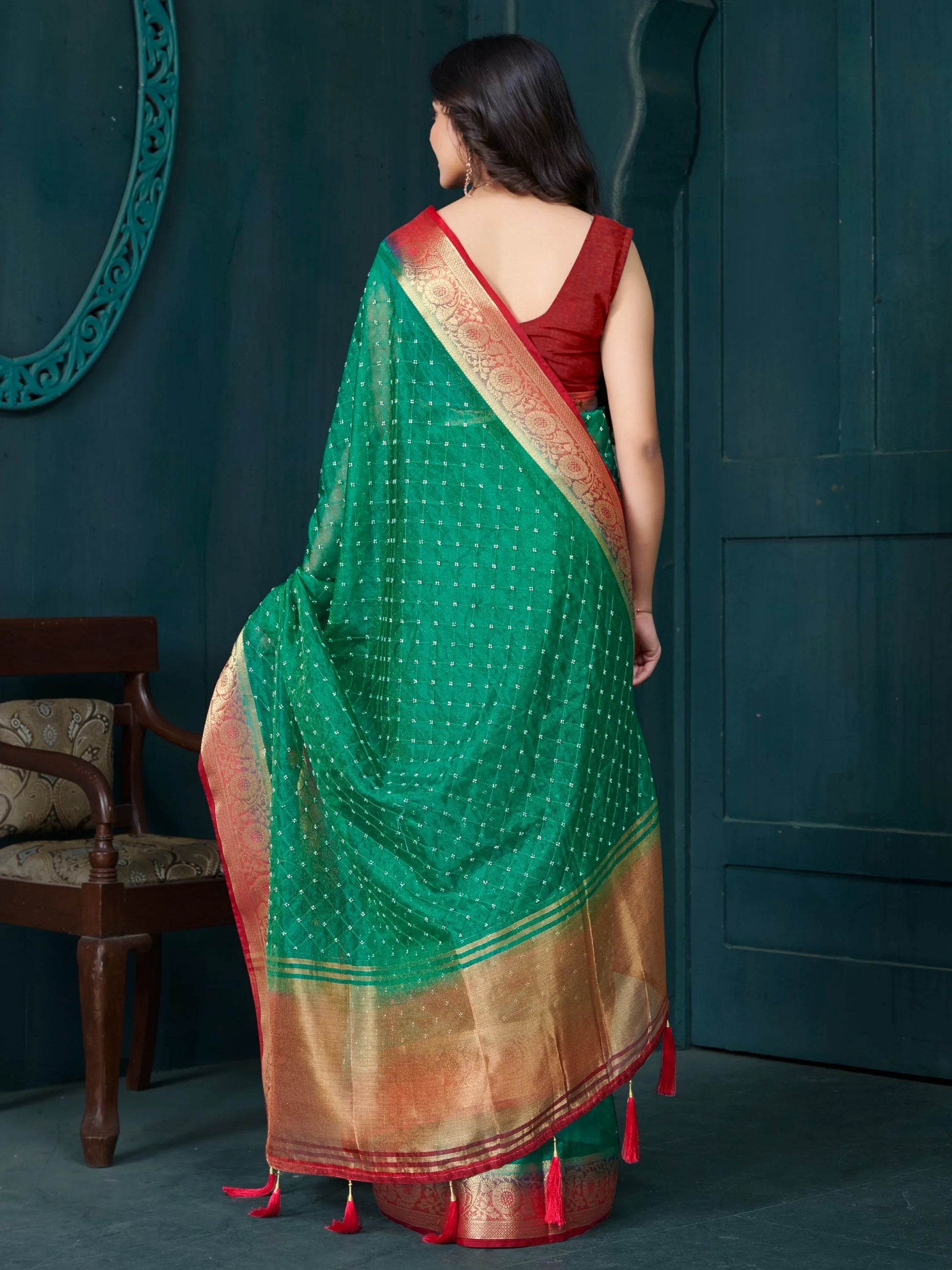 Attractive Green Bead Work Jacquard Event Wear Saree With Blouse - Zeel Clothing