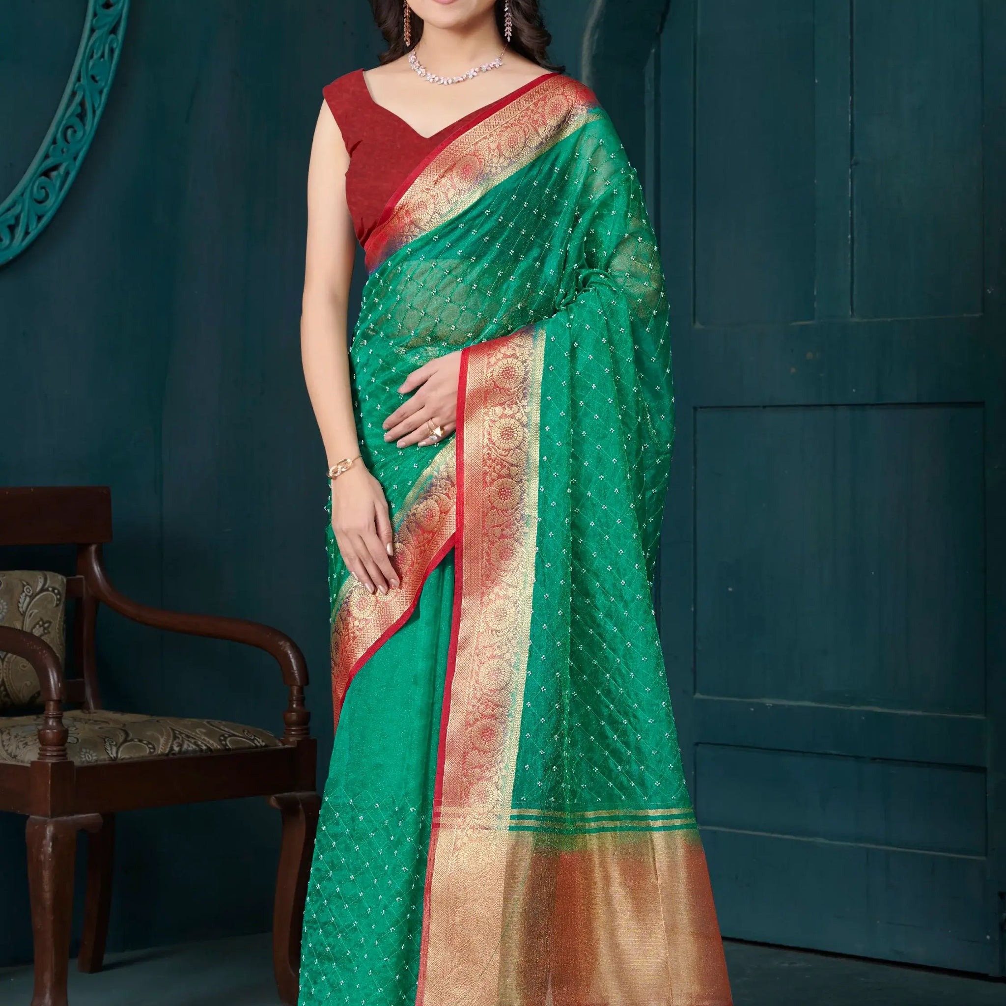 Attractive Green Bead Work Jacquard Event Wear Saree With Blouse - Zeel Clothing