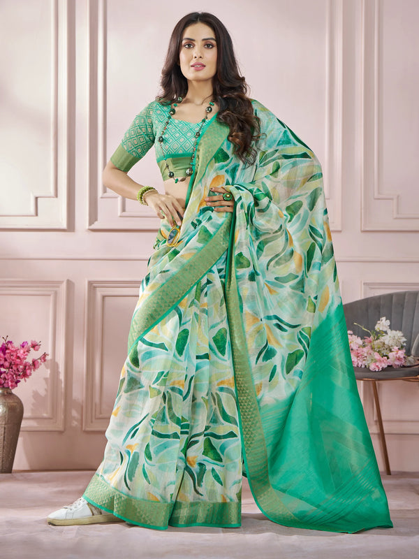 Attractive Green Digital Printed Silk Casual Wear Saree With Blouse - Zeel Clothing