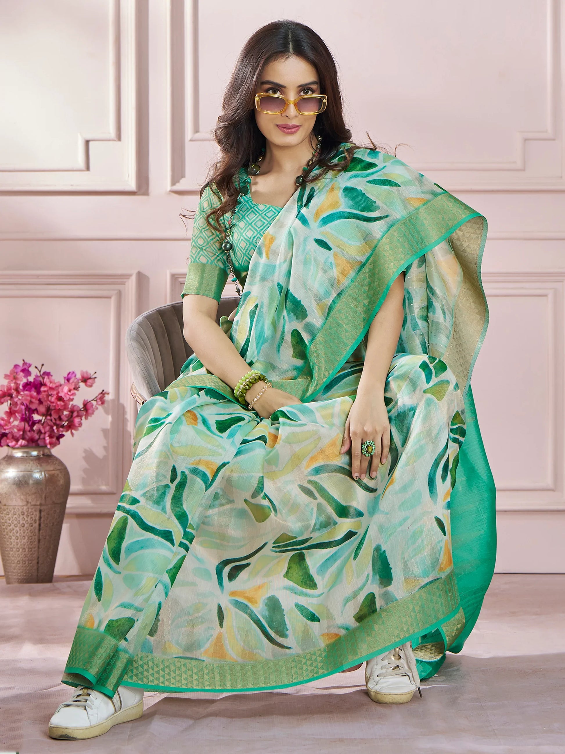 Attractive Green Digital Printed Silk Casual Wear Saree With Blouse - Zeel Clothing