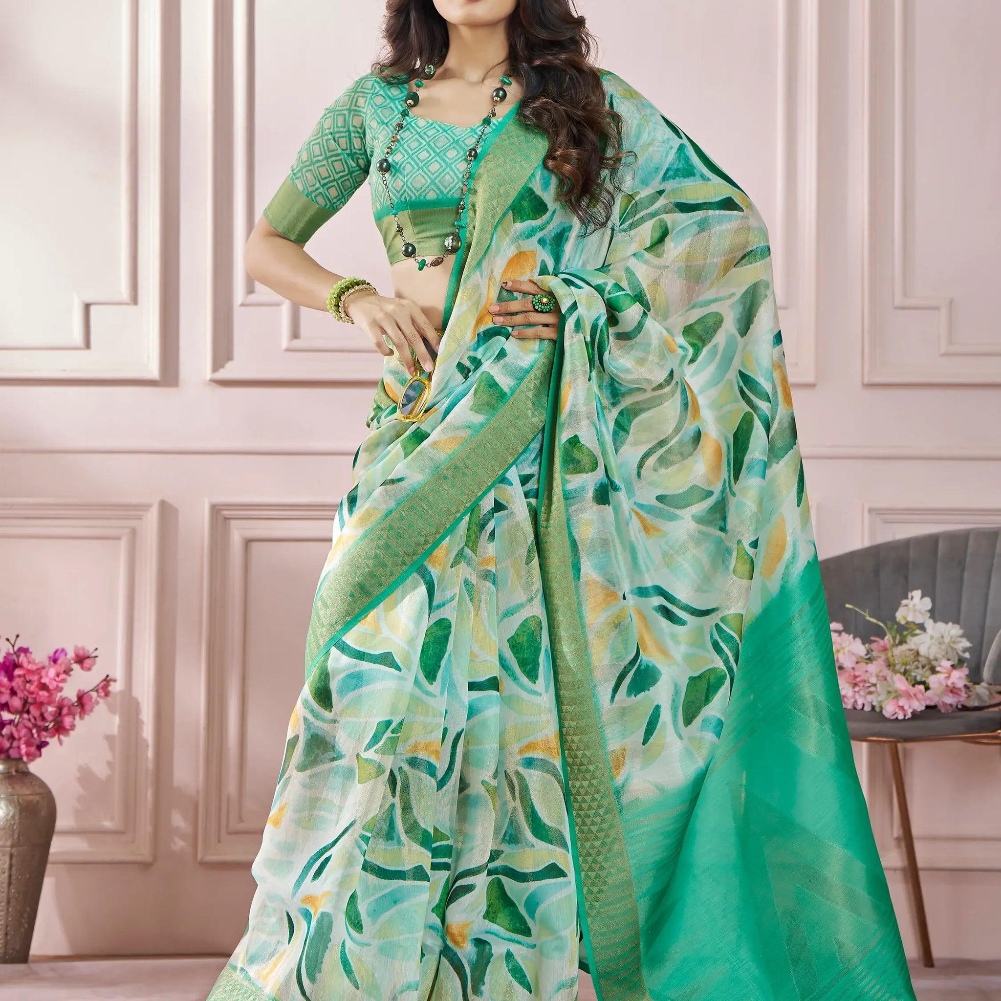 Attractive Green Digital Printed Silk Casual Wear Saree With Blouse - Zeel Clothing