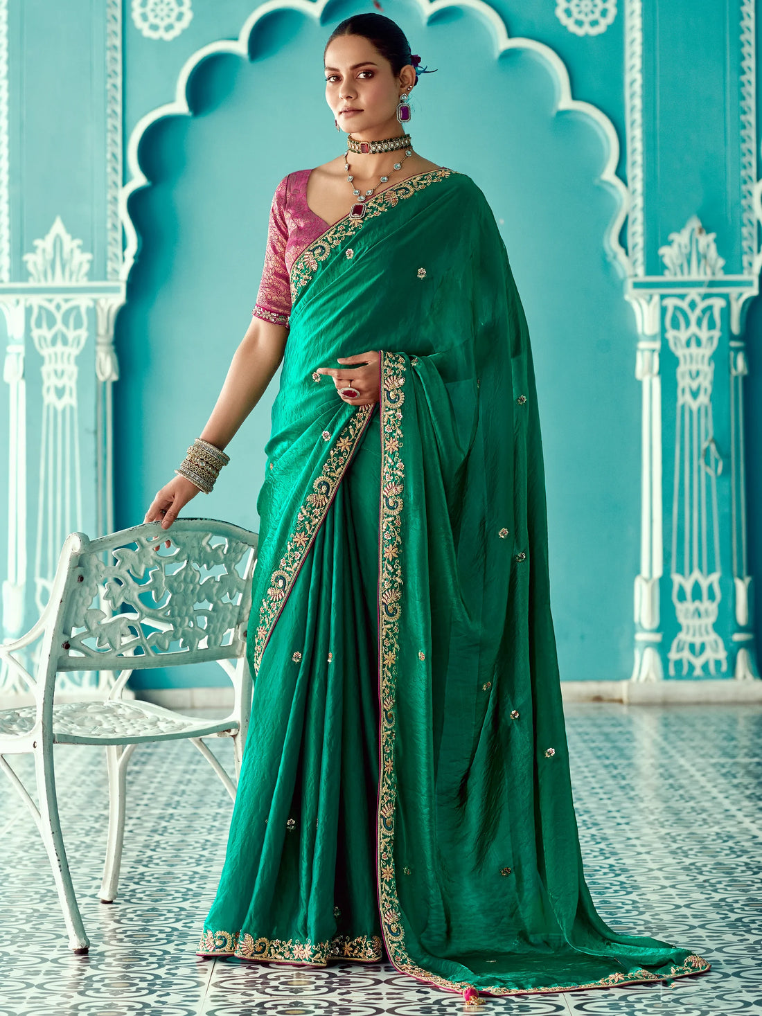 Attractive Green Embroidered Border Tissue Silk Wedding Wear Saree With Blouse - Zeel Clothing