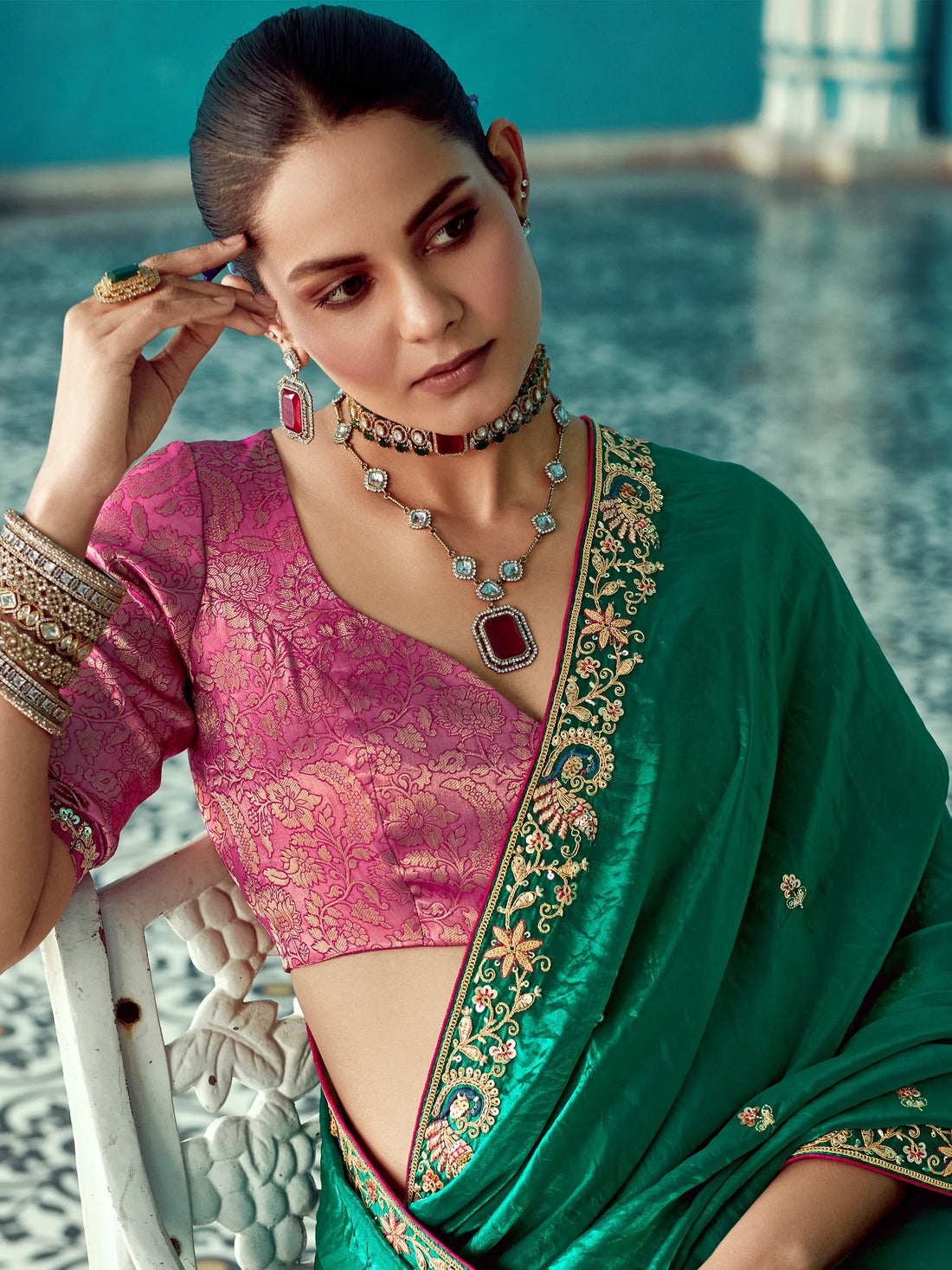 Attractive Green Embroidered Border Tissue Silk Wedding Wear Saree With Blouse - Zeel Clothing