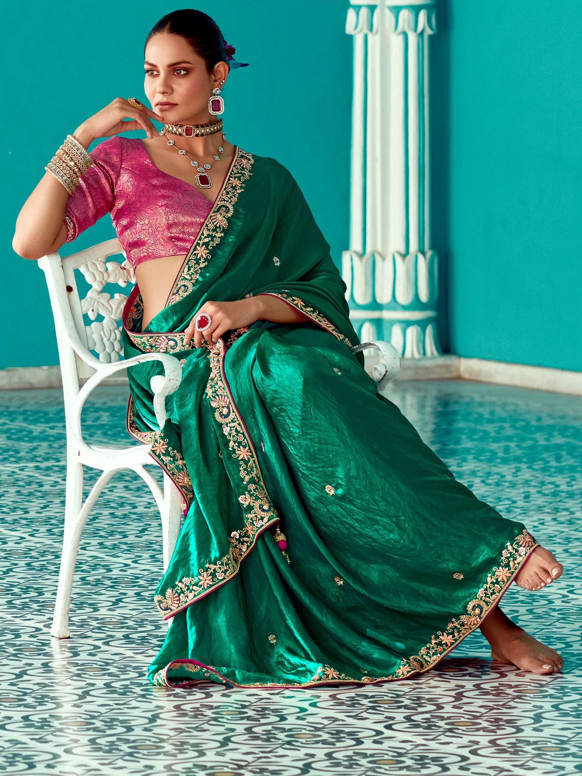 Attractive Green Embroidered Border Tissue Silk Wedding Wear Saree With Blouse - Zeel Clothing