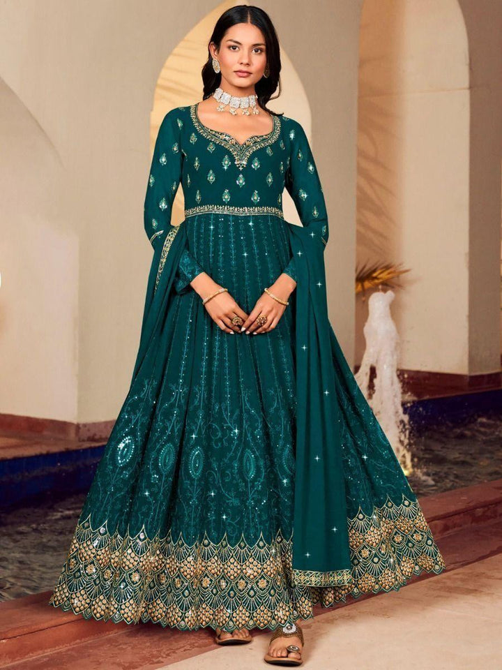Attractive Green Embroidered Georgette Gown