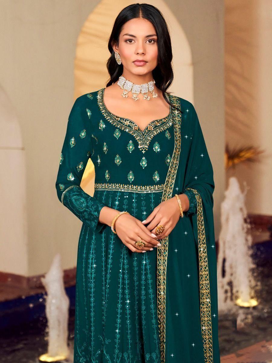 Attractive Green Embroidered Georgette Gown