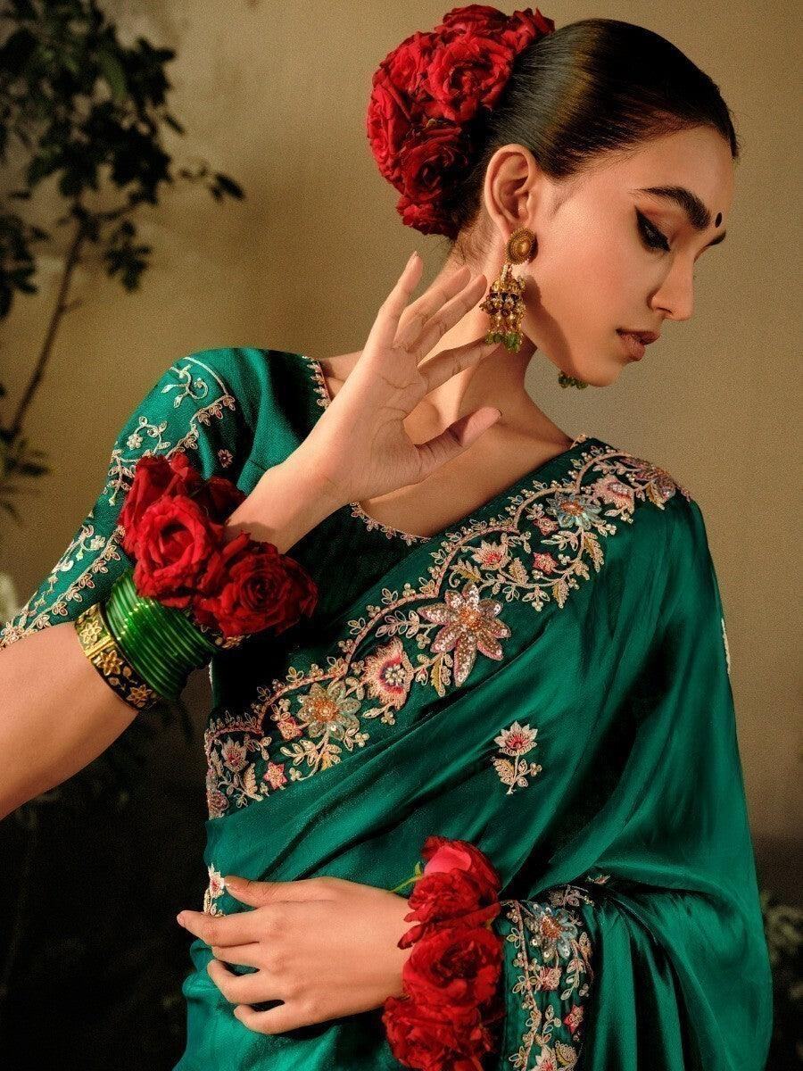 Attractive Green Embroidered Silk Traditional Saree With Blouse