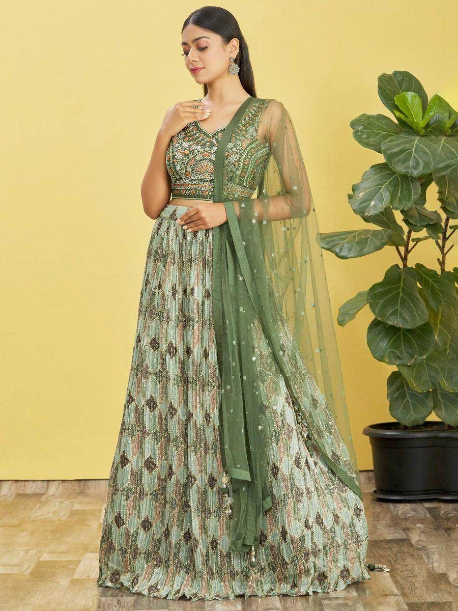 Attractive Green Embroidered Work Chinon Reception Lehenga Choli - Zeel Clothing