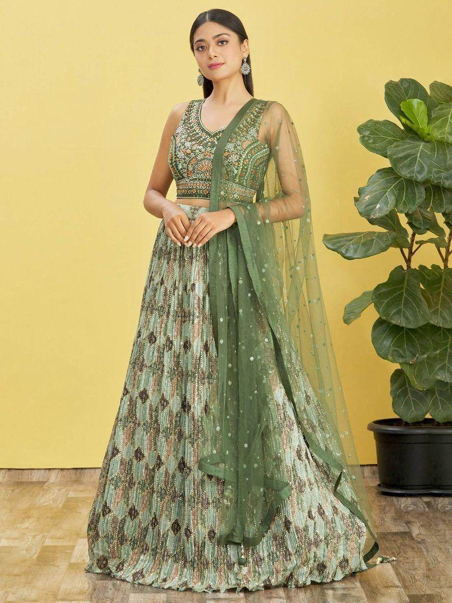 Attractive Green Embroidered Work Chinon Reception Lehenga Choli - Zeel Clothing