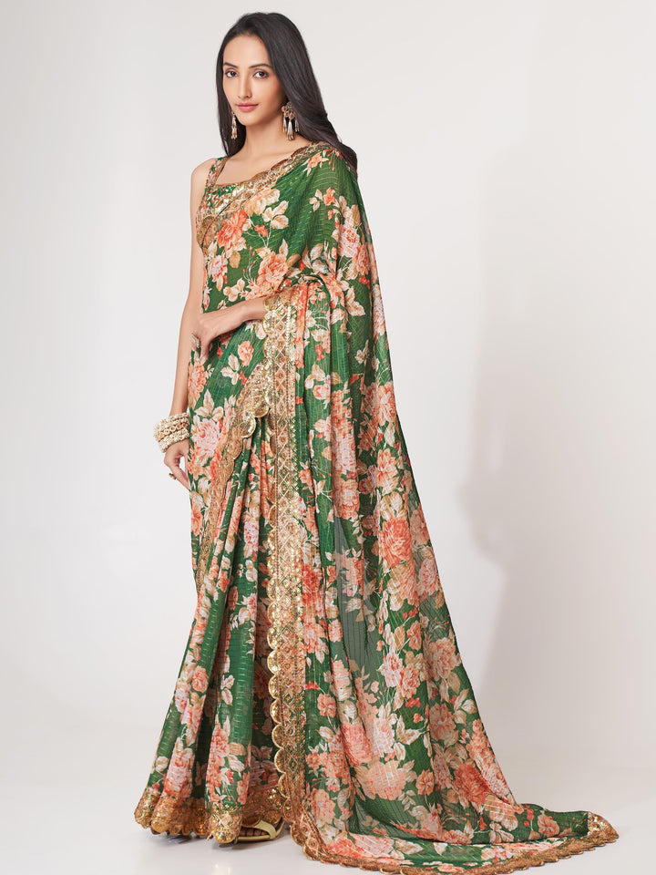Attractive Green Floral Print Organza Festival Wear Saree With Blouse - Zeel Clothing