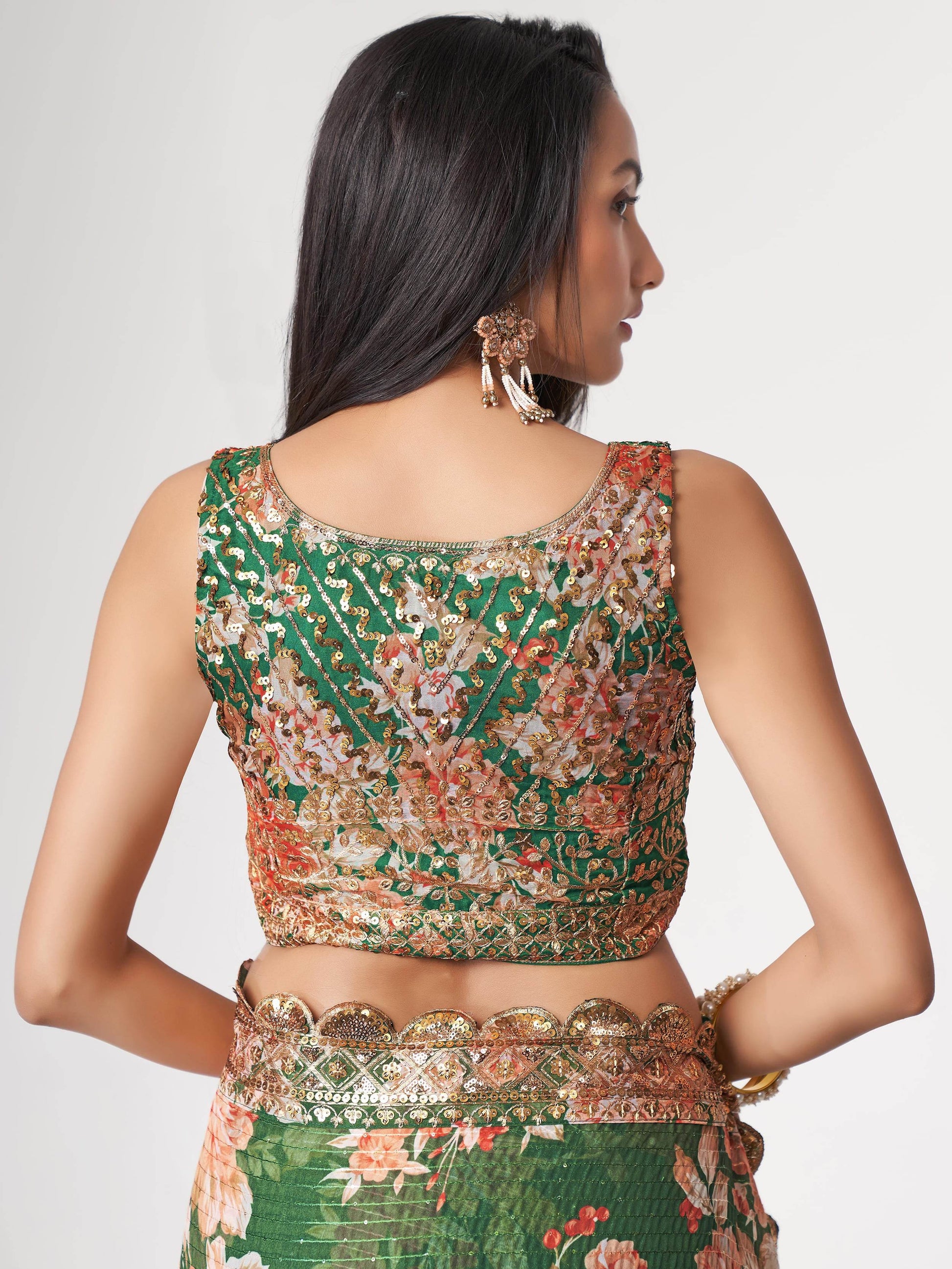 Attractive Green Floral Print Organza Festival Wear Saree With Blouse - Zeel Clothing