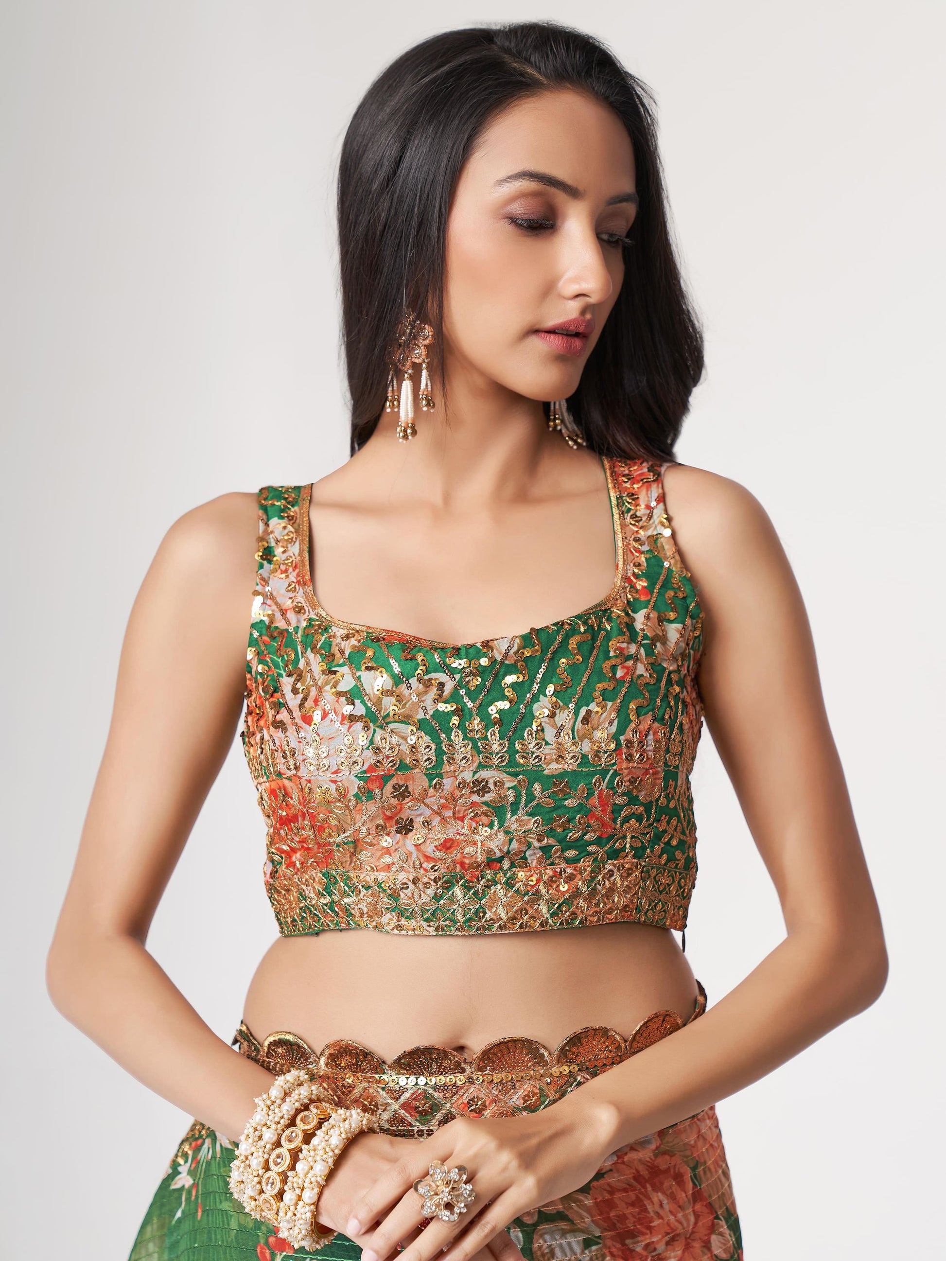 Attractive Green Floral Print Organza Festival Wear Saree With Blouse - Zeel Clothing