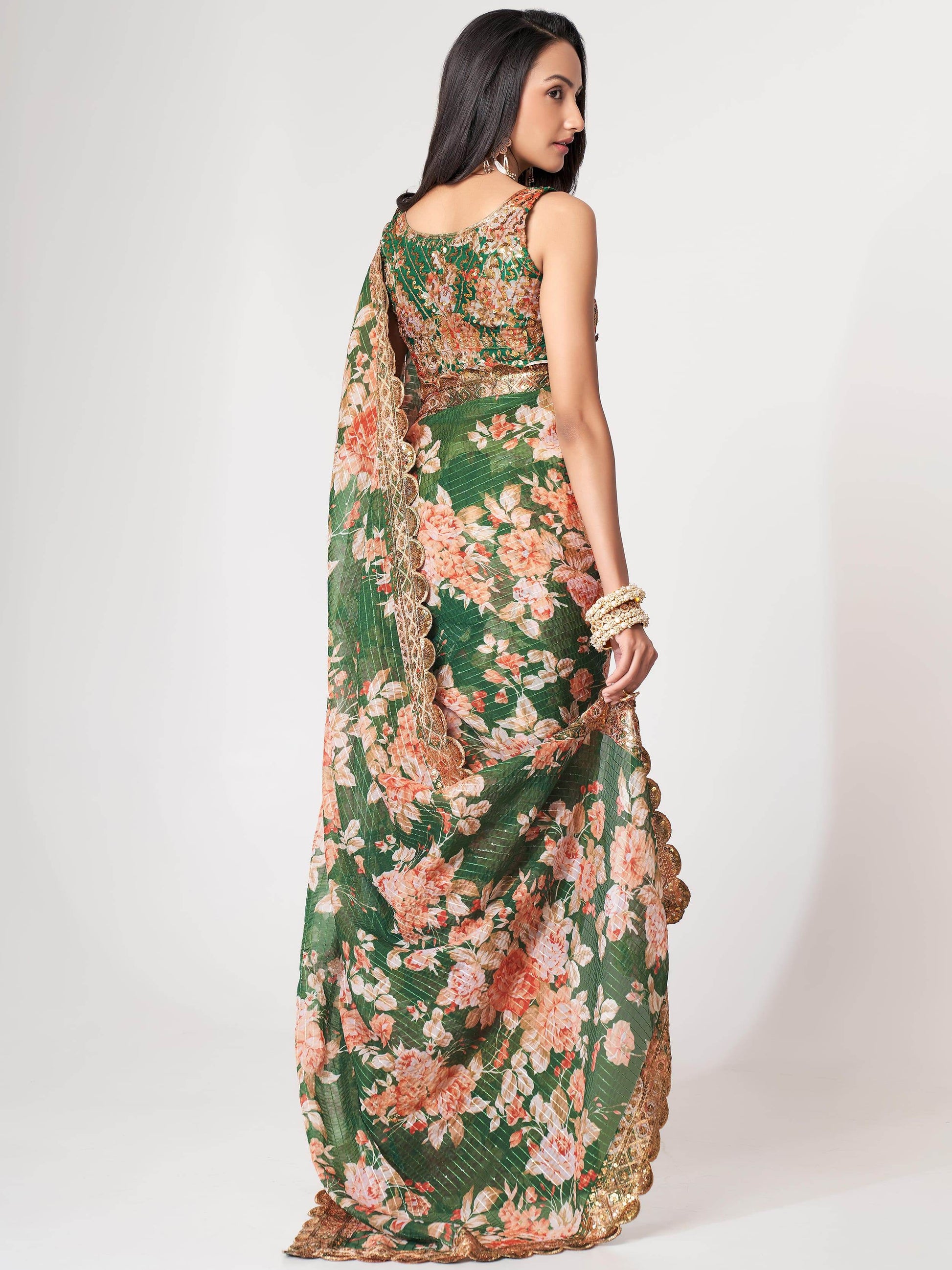 Attractive Green Floral Print Organza Festival Wear Saree With Blouse - Zeel Clothing