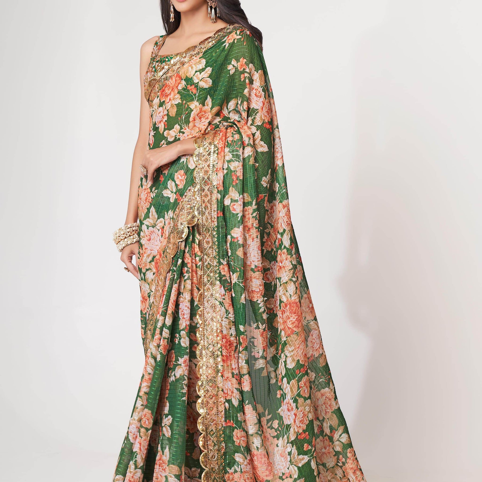 Attractive Green Floral Print Organza Festival Wear Saree With Blouse - Zeel Clothing