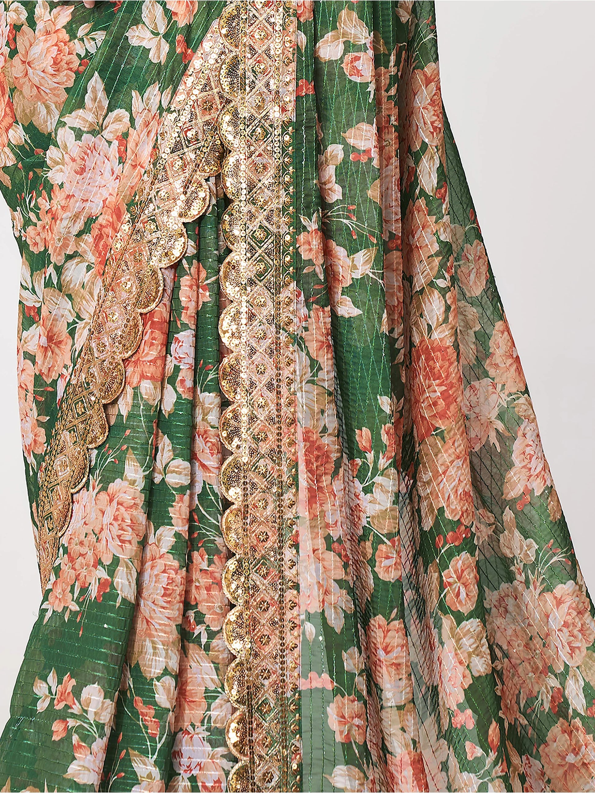 Attractive Green Floral Print Organza Festival Wear Saree With Blouse - Zeel Clothing