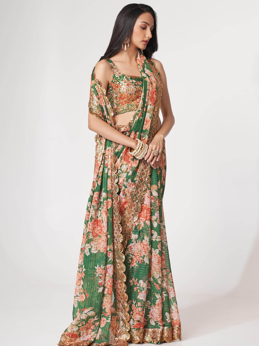 Attractive Green Floral Print Organza Festival Wear Saree With Blouse - Zeel Clothing