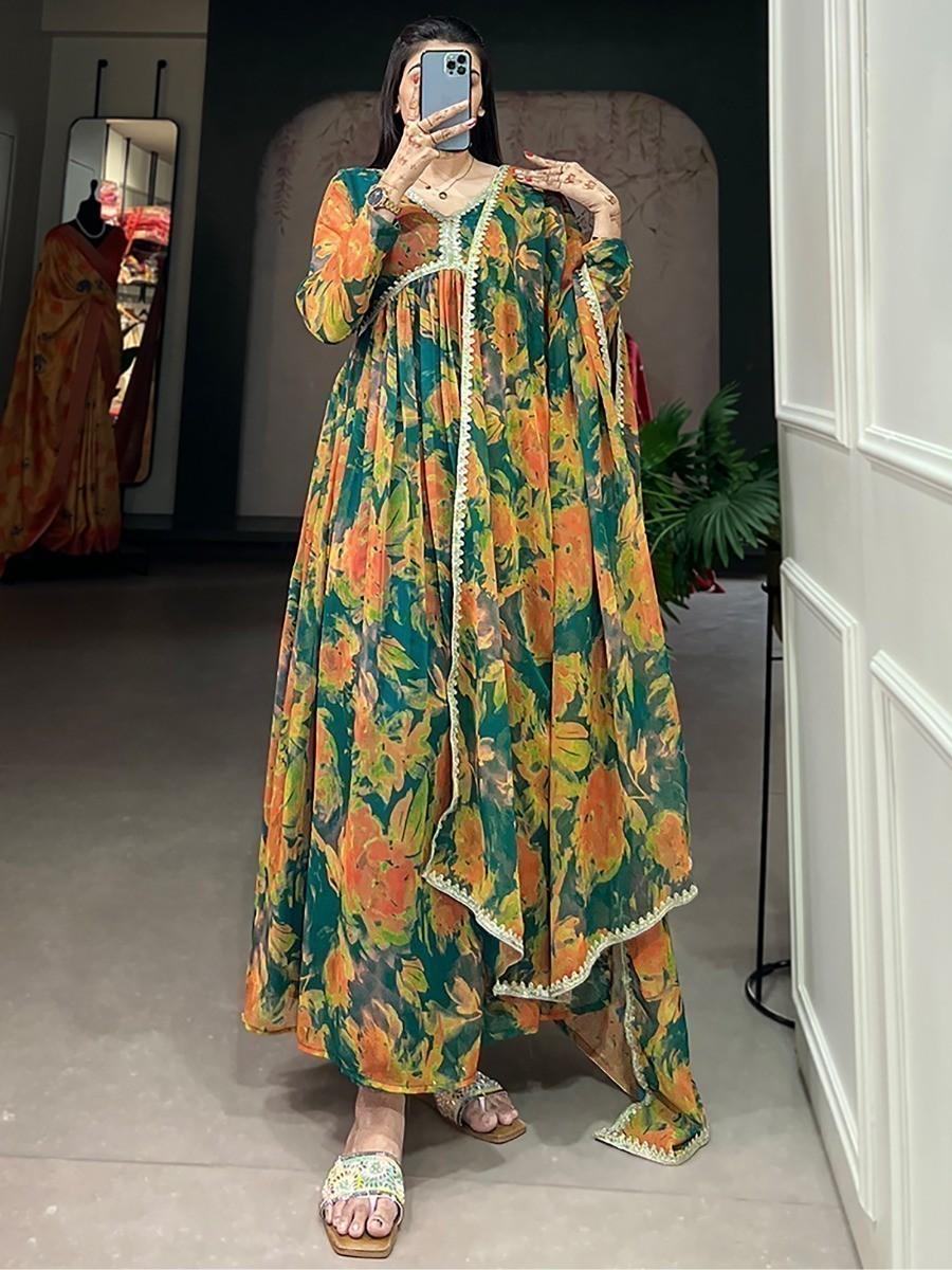 Attractive Green Floral Printed Georgette Gown With Dupatta