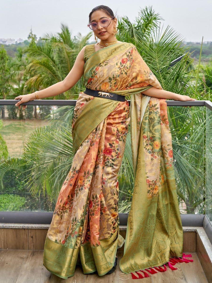 Attractive Green Floral Printed Organza Festival Wear Saree