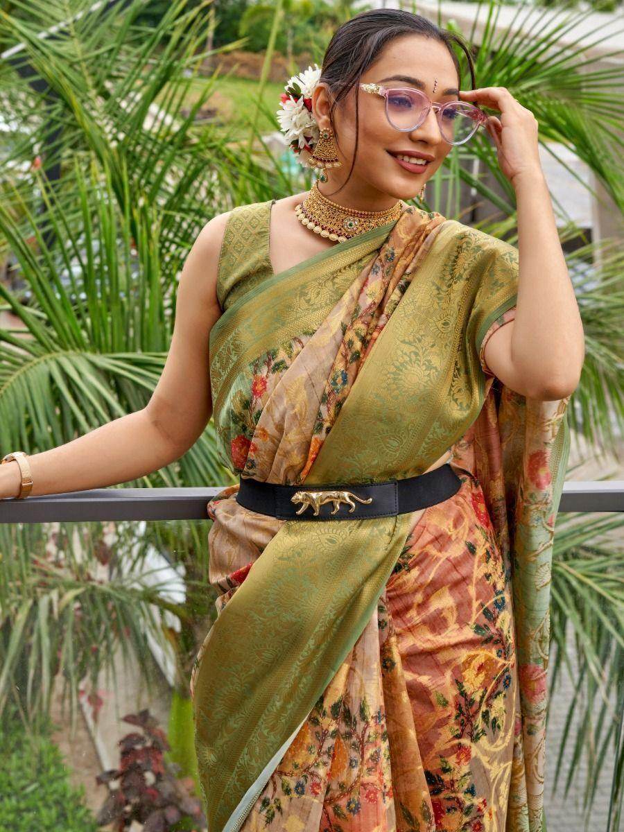Attractive Green Floral Printed Organza Festival Wear Saree - Zeel Clothing