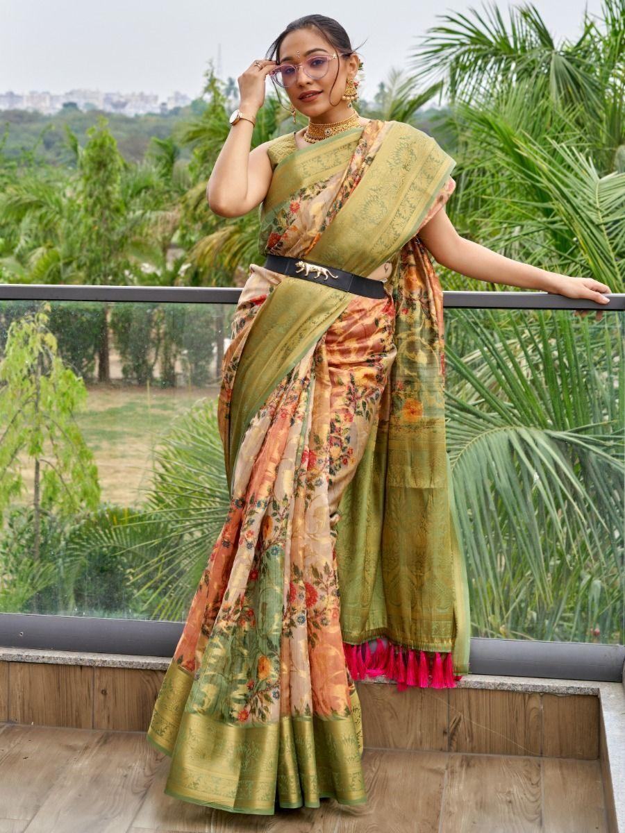 Attractive Green Floral Printed Organza Festival Wear Saree