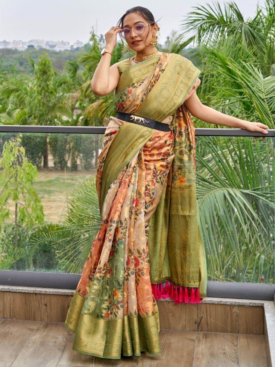 Attractive Green Floral Printed Organza Festival Wear Saree - Zeel Clothing