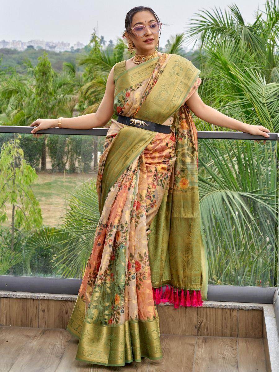 Attractive Green Floral Printed Organza Festival Wear Saree - Zeel Clothing