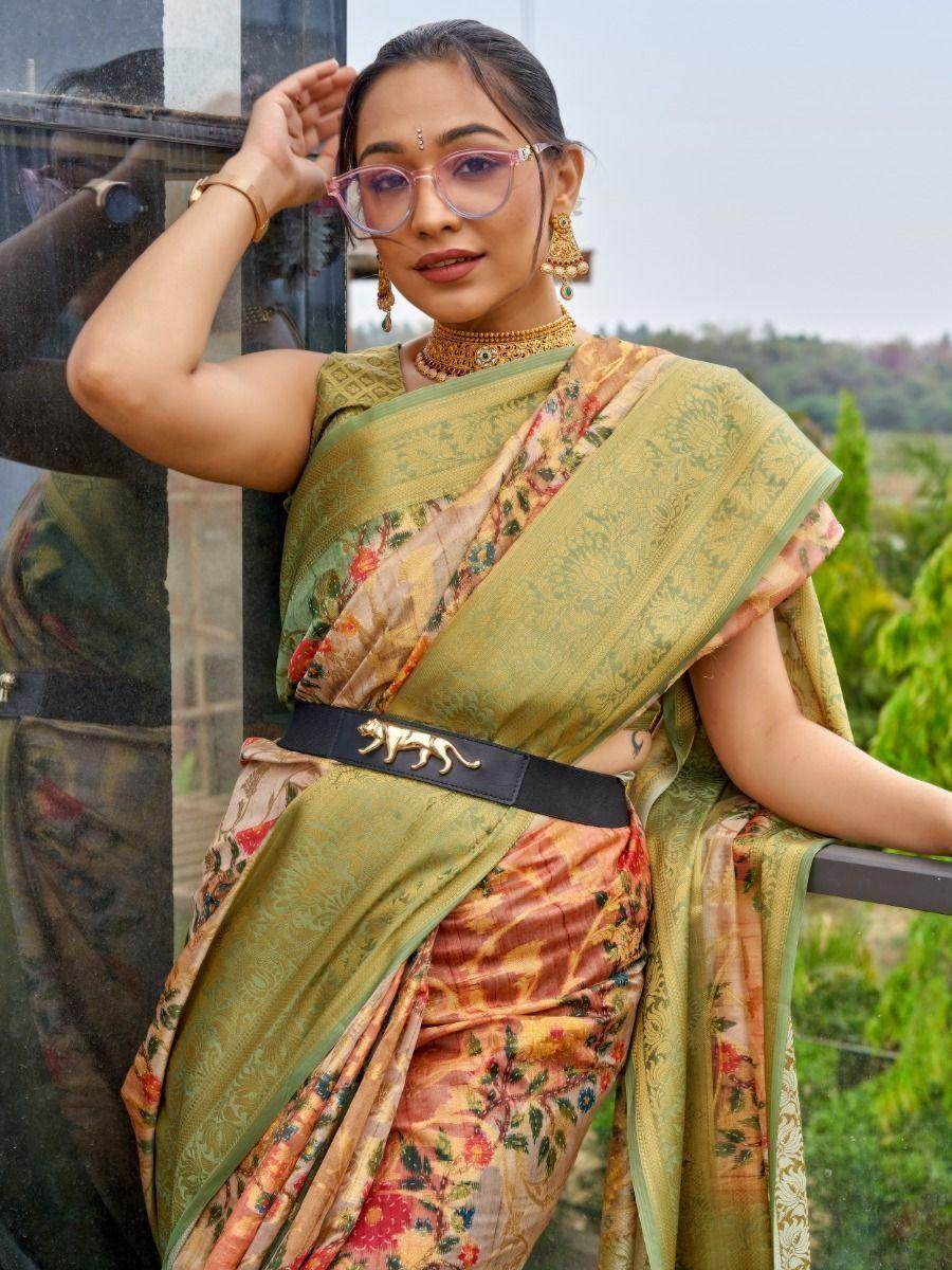 Attractive Green Floral Printed Organza Festival Wear Saree - Zeel Clothing
