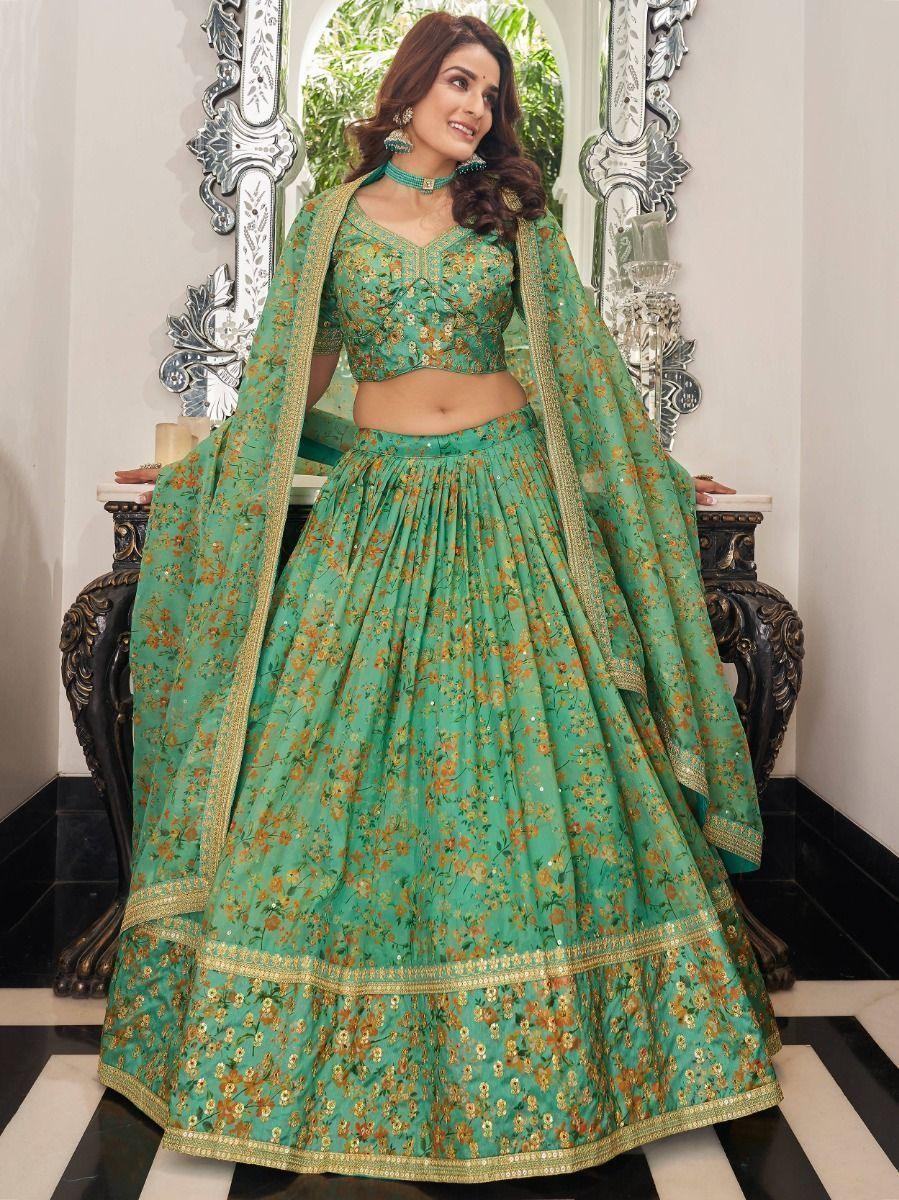 Attractive Green Floral Printed Organza Mehendi Wear Lehenga Choli - Zeel Clothing