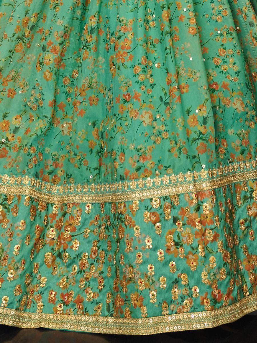 Attractive Green Floral Printed Organza Mehendi Wear Lehenga Choli - Zeel Clothing