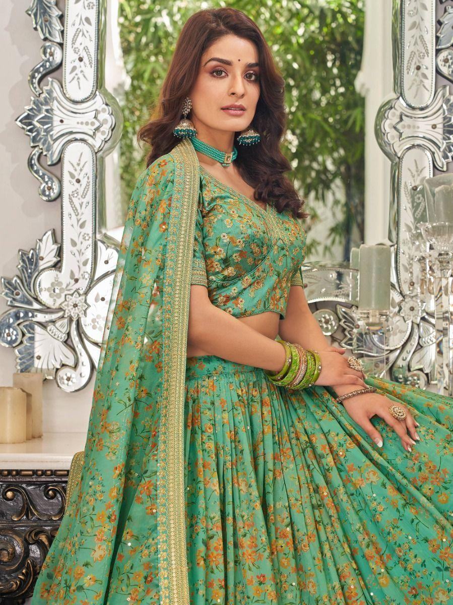Attractive Green Floral Printed Organza Mehendi Wear Lehenga Choli - Zeel Clothing