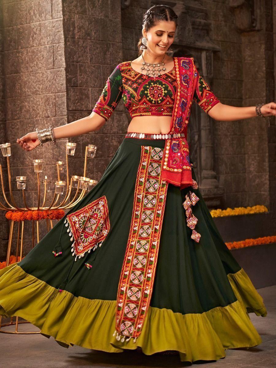 Attractive Green Mirror Work Rayon Lehenga Choli With Dupatta