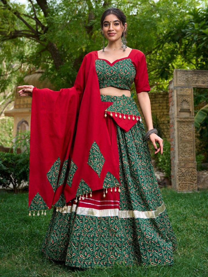 Attractive Green Printed Cotton Navratri Wear Lehenga Choli