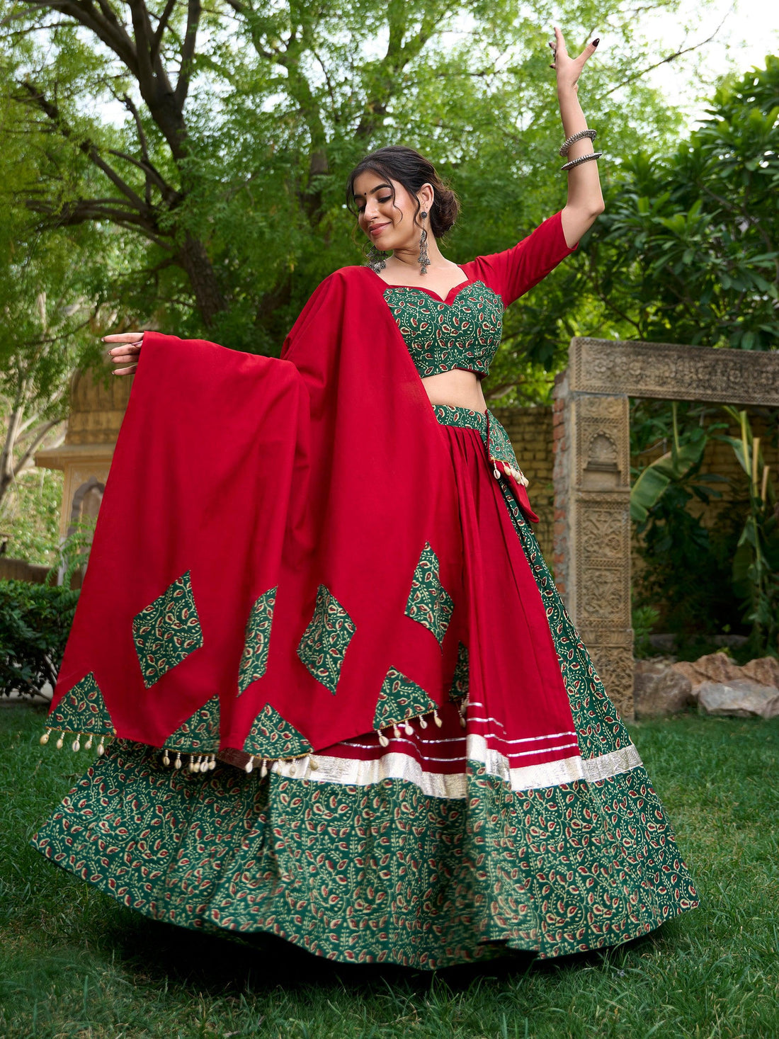 Attractive Green Printed Cotton Navratri Wear Lehenga Choli