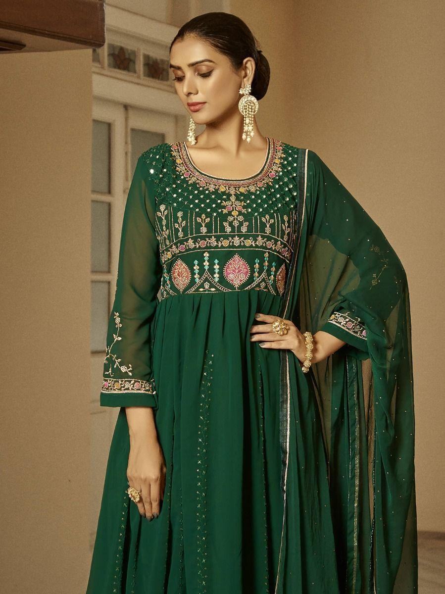 Attractive Green Sequined Georgette Festival Wear Anarkali Suit - Zeel Clothing