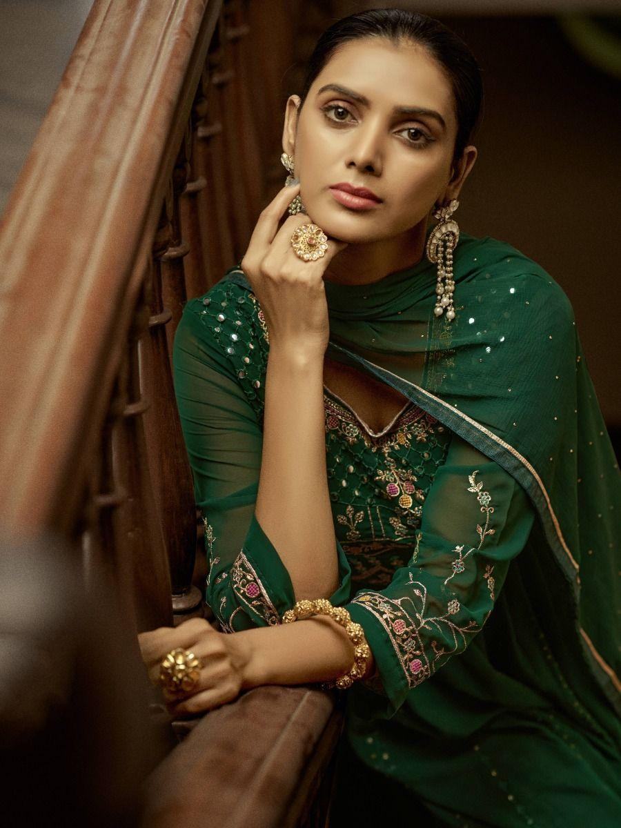 Attractive Green Sequined Georgette Festival Wear Anarkali Suit - Zeel Clothing
