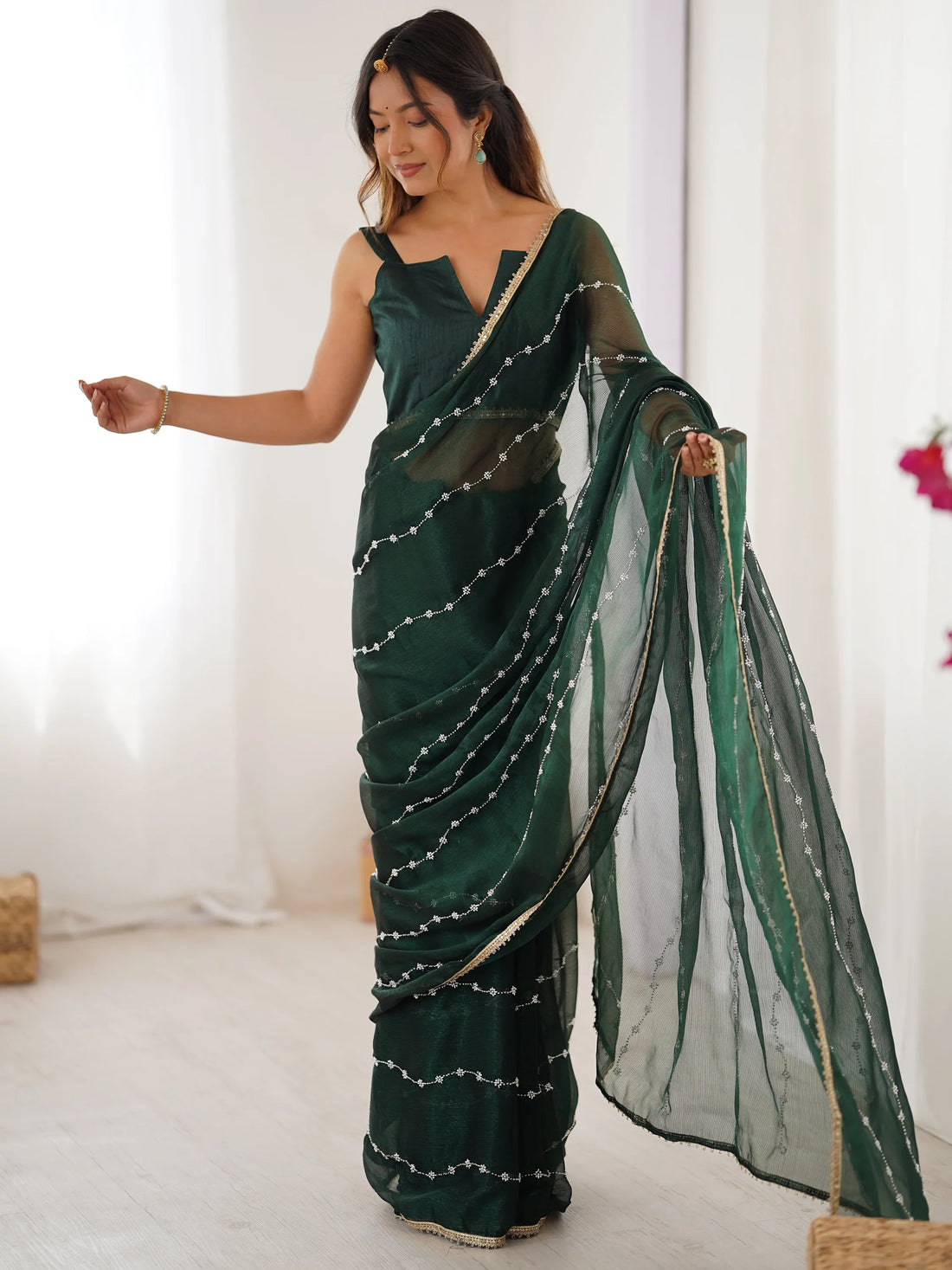 Attractive Green Sequins Chiffon Mehendi Wear Saree With Blouse - Zeel Clothing