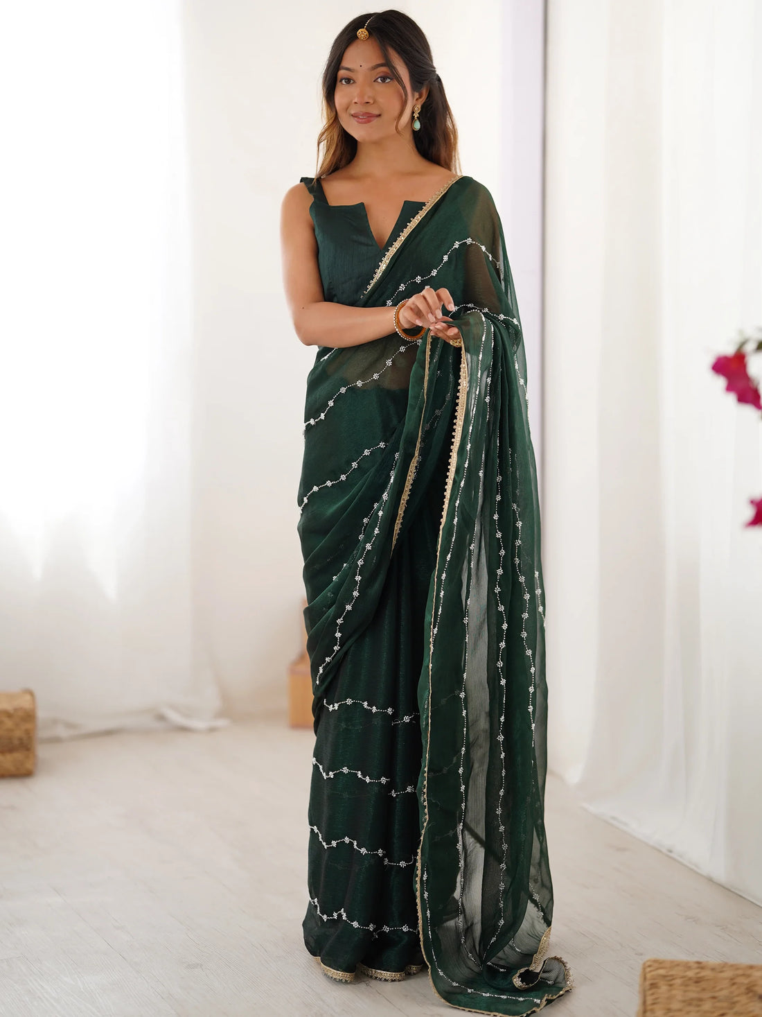 Attractive Green Sequins Chiffon Mehendi Wear Saree With Blouse - Zeel Clothing
