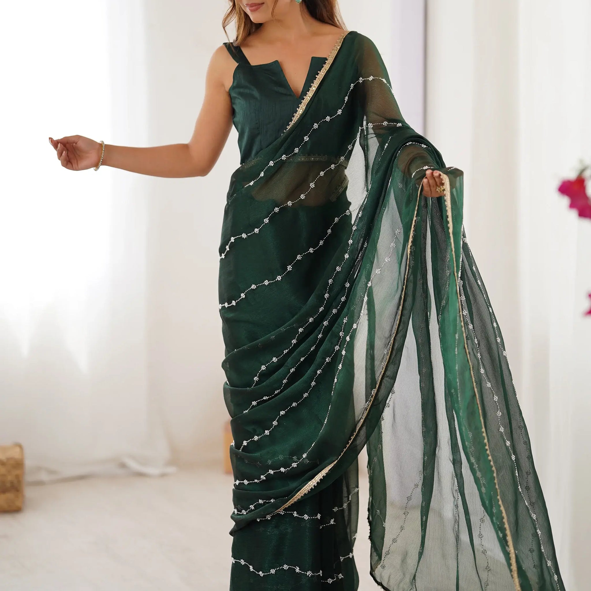 Attractive Green Sequins Chiffon Mehendi Wear Saree With Blouse - Zeel Clothing