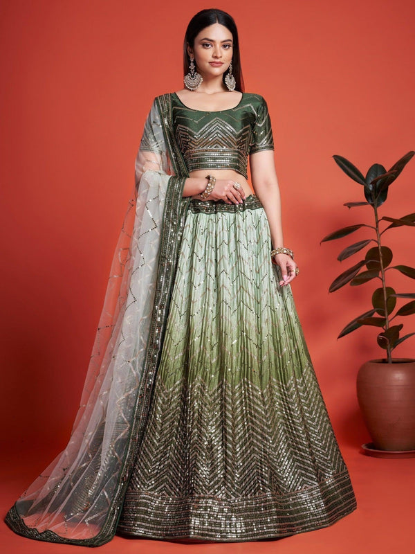 Attractive Green Sequins Chinon Mehendi Wear Lehenga Choli
