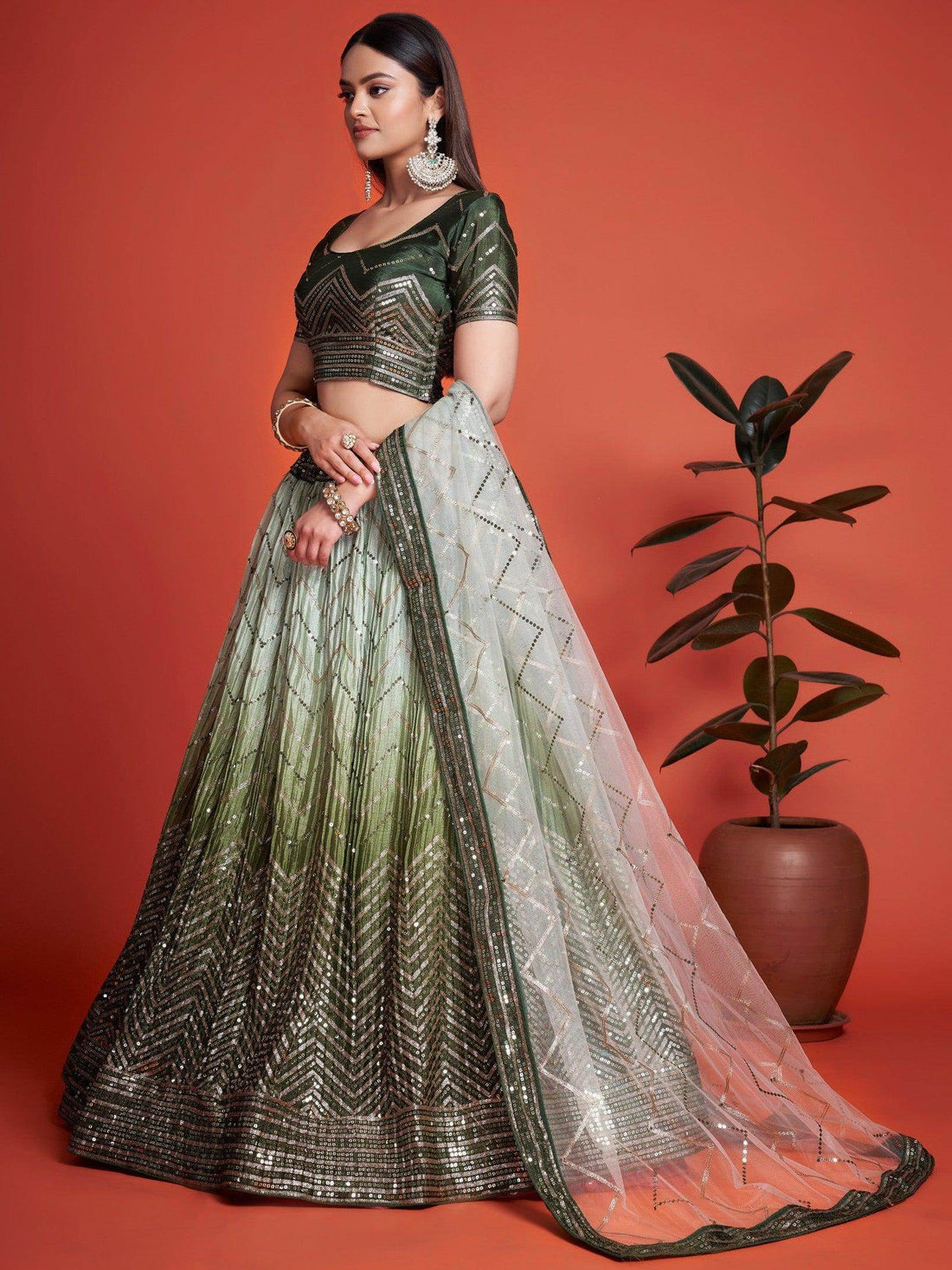 Attractive Green Sequins Chinon Mehendi Wear Lehenga Choli - Zeel Clothing