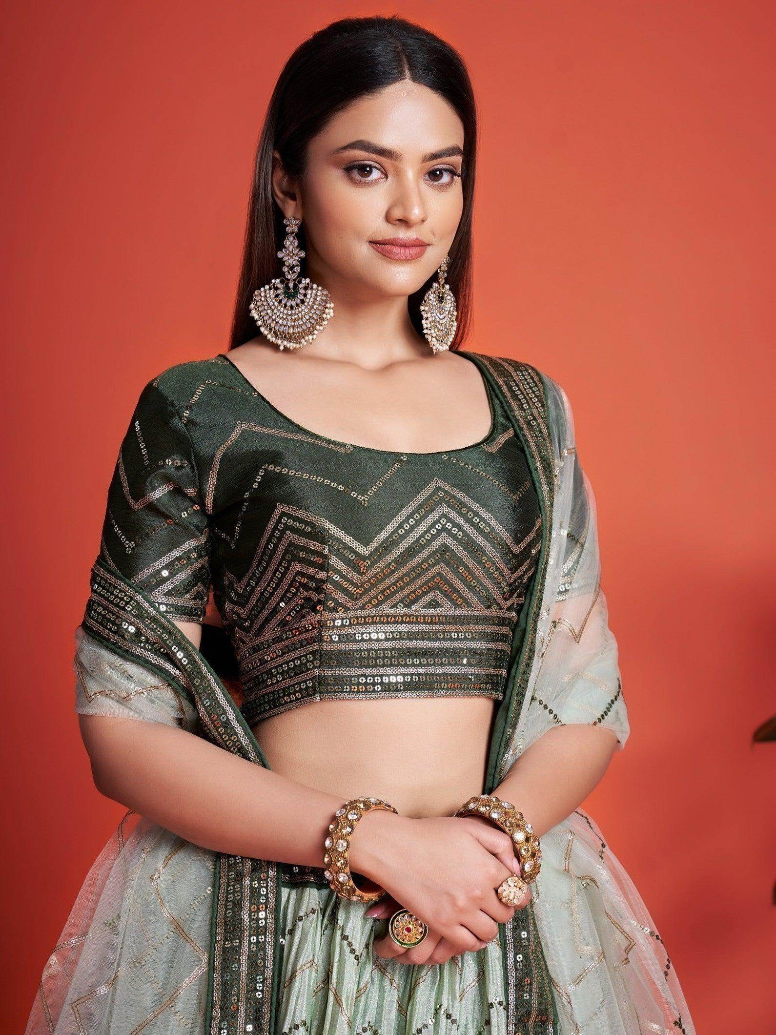 Attractive Green Sequins Chinon Mehendi Wear Lehenga Choli - Zeel Clothing