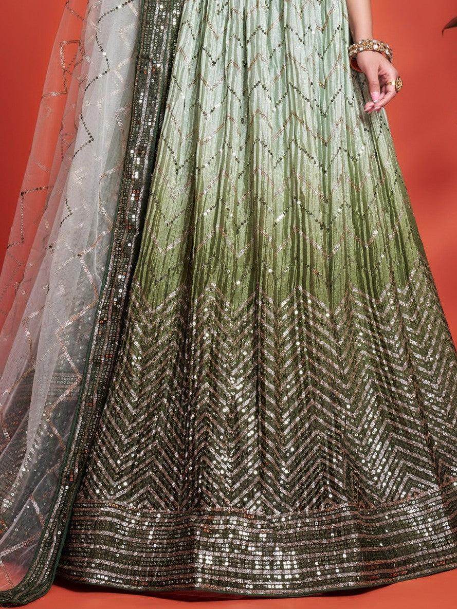 Attractive Green Sequins Chinon Mehendi Wear Lehenga Choli - Zeel Clothing