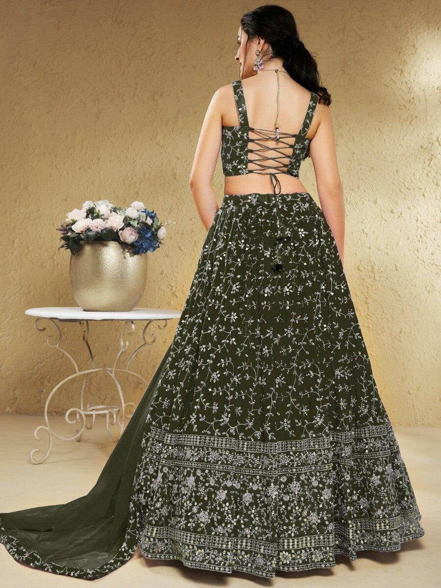 Attractive Green Sequins Georgette Lehenga Choli With Dupatta - Zeel Clothing
