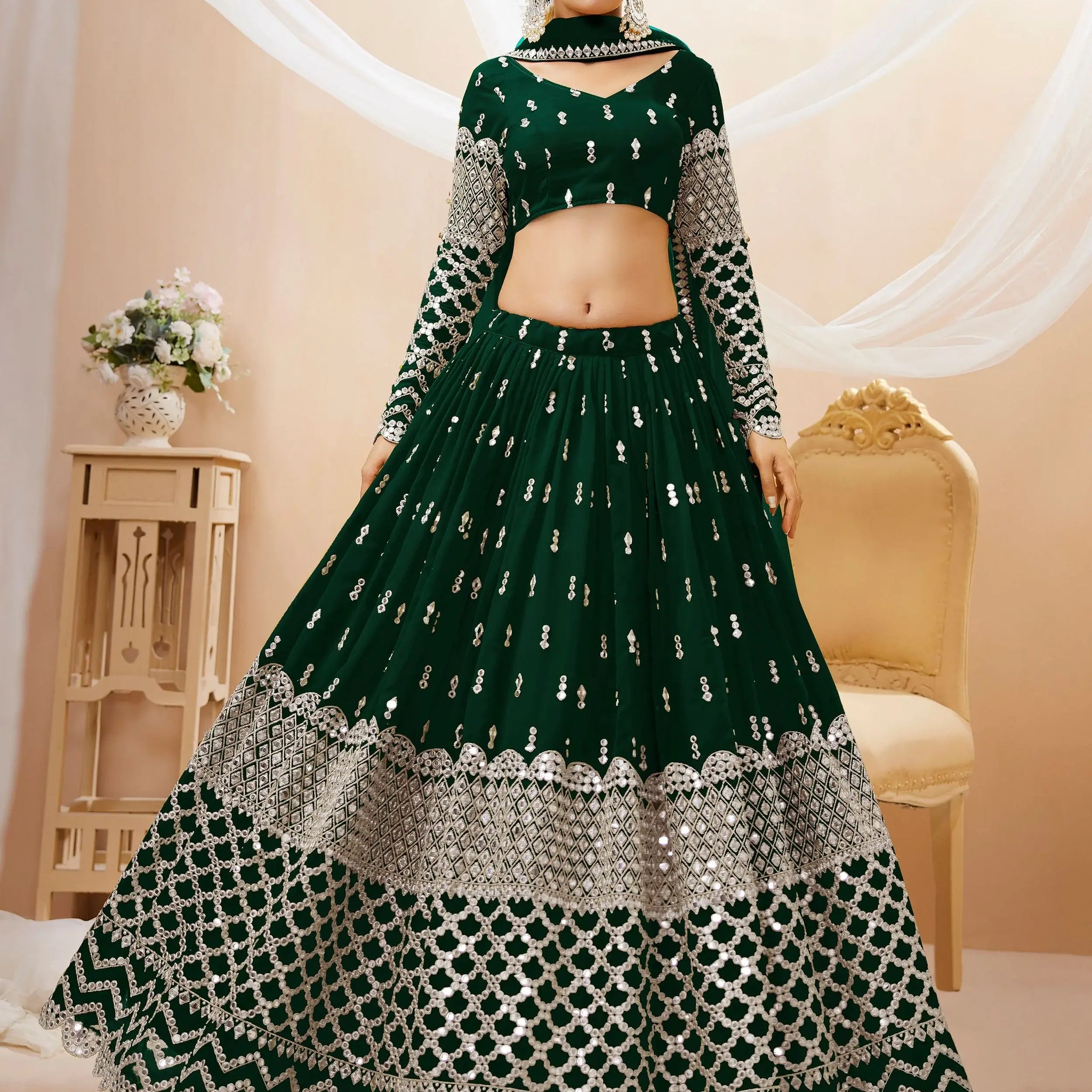 Attractive Green Sequins Georgette Mehendi Wear Lehenga Choli - Zeel Clothing