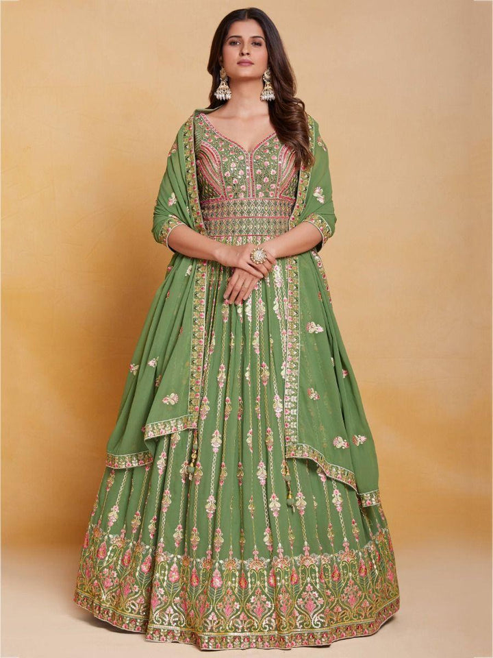 Attractive Green Sequins Georgette Reception Wear Gown With Dupatta
