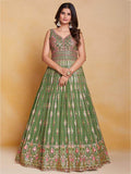 Attractive Green Sequins Georgette Reception Wear Gown With Dupatta - Zeel Clothing