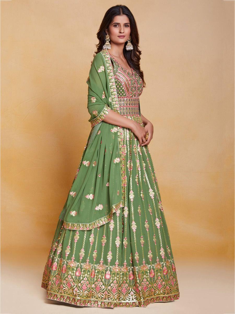Attractive Green Sequins Georgette Reception Wear Gown With Dupatta