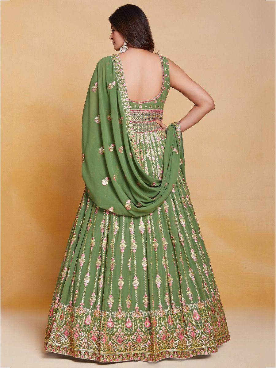 Attractive Green Sequins Georgette Reception Wear Gown With Dupatta - Zeel Clothing