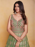 Attractive Green Sequins Georgette Reception Wear Gown With Dupatta - Zeel Clothing